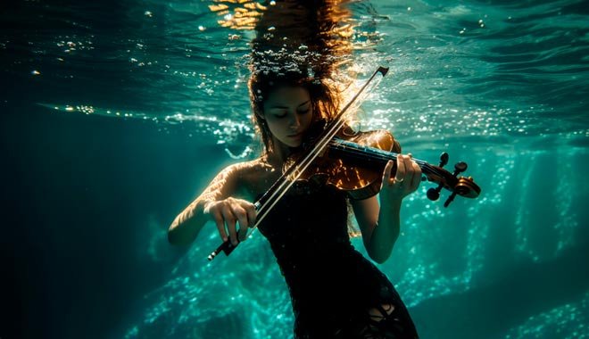 Девушка играет на скрипке под водой